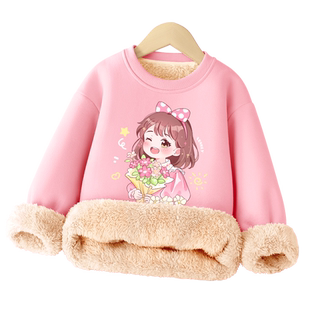 拉夏贝尔女童卫衣加绒秋冬款加厚羊羔绒冬装儿童保暖打底冬季上衣