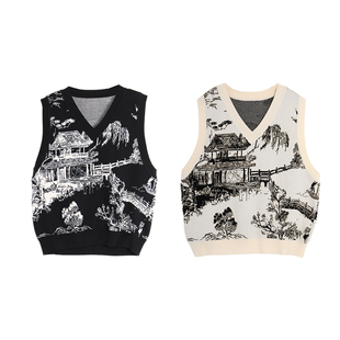 西町村屋背心女秋新款叠穿V领国风亭台山水针织无袖毛衣AC8102347