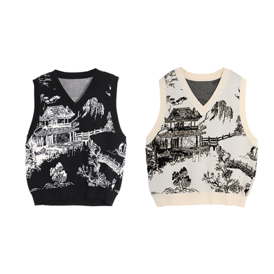 西町村屋国亭台山水针织无袖毛衣