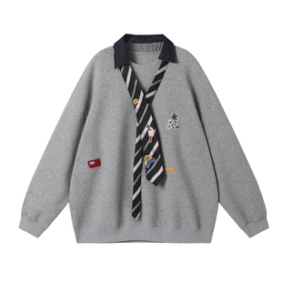 西町村屋撞色翻领卫衣女装2026春季新款休闲上衣含领带XHBA10698