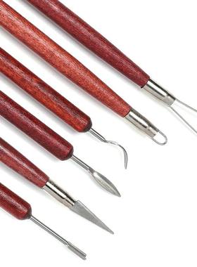 6件套陶艺工具红色木质坯工具刀修双头丝粘土工具镭泥塑雕刻套装