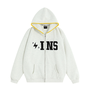 INSstudios 国潮牌情侣美式大LOGO贴布绣卫衣宽松加绒开衫外套男