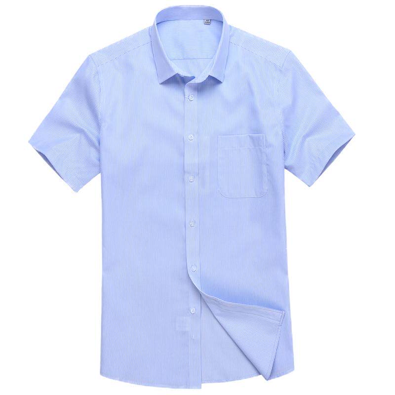 夏季免烫男士短袖衬衫薄款蓝条纹职业工装商务正装免烫半袖男衬衣