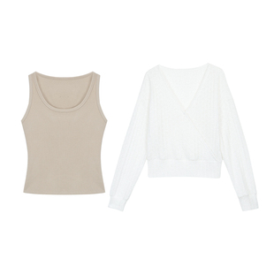 pusumede云感糯纱 钩花V领长袖针织衫女叠穿背心罩衫真两件套上衣