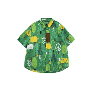 oddtails男童纯棉满印森系短袖衬衫2026新款儿童夏季亲肤透气上衣