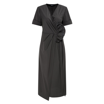 IDPAN连衣裙女短袖2025夏新款v领收腰显瘦浪漫花边设计感长裙