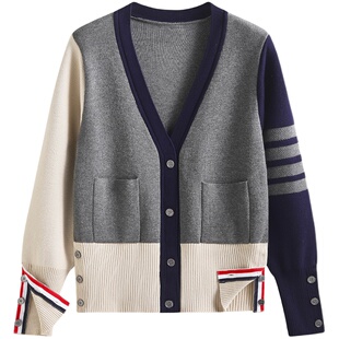 学院风经典四条杠针织开衫女2021秋季v领拼色薄款长袖毛衣外套