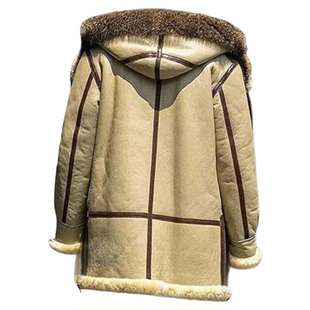 英国代购Coat▼手作连帽米色B3飞行员剪羊毛皮男式冬季夹克大衣