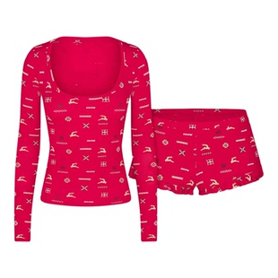 SKIMS 圣诞节限定ins风纯欲法式碎花U领气质长袖上衣花边短裤套装