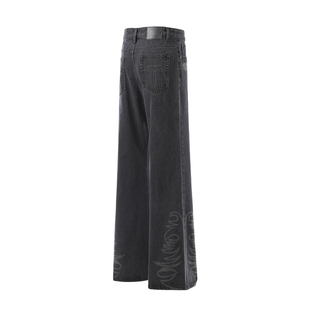 BUFANSTUDIO‘双生花’羽毛刺绣灰牛美式复古绣花水洗牛仔裤长裤