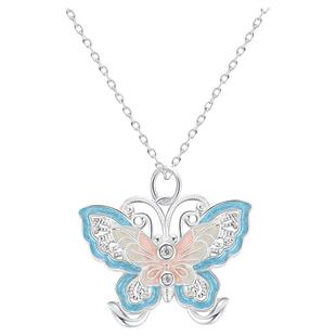 S999足银庄周梦蝶项链女纯银花丝珐琅彩脉脉花蝶新中式烧蓝蝴蝶锁