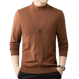 秋季男士毛衫秋装新款2025假两件针织打底衫针织衫毛衣半高领男潮