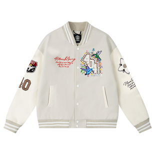 404MOB蜂鸟刺绣重磅秋冬棒球服外套男女潮牌宽松厚款情侣飞行夹克
