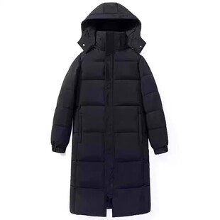 黑色中戏连帽羽绒棉服女长款过膝冬2025新款韩版宽松男女情侣外套