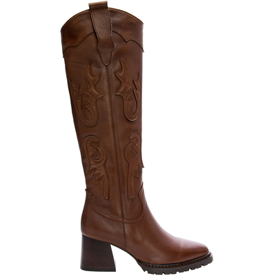 春秋女靴牛皮高跟尖头及膝长靴子