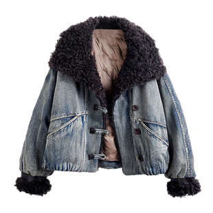 2025秋冬新款大毛领羽绒内胆牛仔外套女短款加绒保暖毛毛上衣夹克