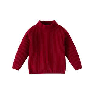 Oak mont儿童加绒毛衣男童红色内搭半高领打底针织衫秋冬新年衣服