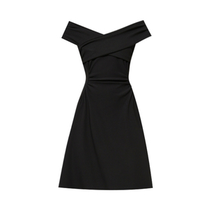 DPLAY2025年夏季新款气质黑色一字肩连衣裙女短款礼服裙子短裙
