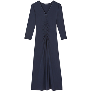 LK BENNETT纯色连衣裙女春长袖v领抽褶收腰长裙子弹力显瘦垂坠感