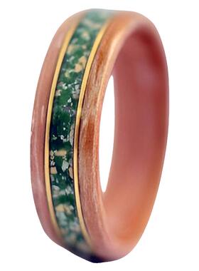 棕色橡木绿色石英小片木制戒指