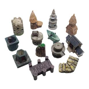 微景观迷你台阶房子木桥石磨茅草屋水池复古怀旧树脂桌面装饰摆件