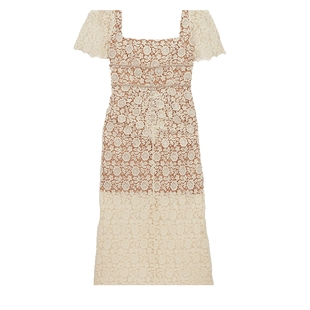 self-portrait 象牙白经典蕾丝方领钻饰修身连衣裙长裙