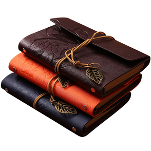 皮面复古活页夹本树叶记事本商务记录绑带手帐日记本牛皮纸软面抄