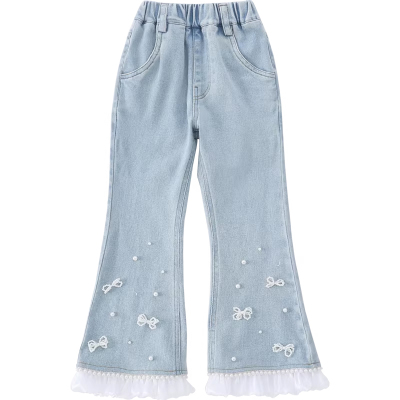 【腿精女孩】浅蓝花边喇叭牛仔裤