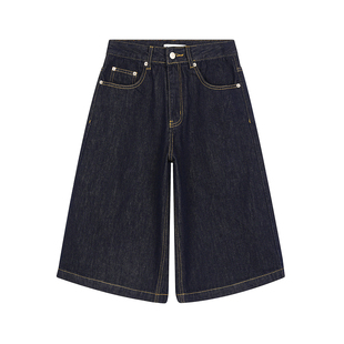 YAMMYUKI美式洗水牛仔七分裤多口袋设计感宽松阔腿百搭直筒短裤