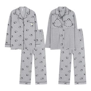 卡之恋睡衣带胸垫一体长袖女款春秋季纯棉加厚灰色猫咪家居服套装