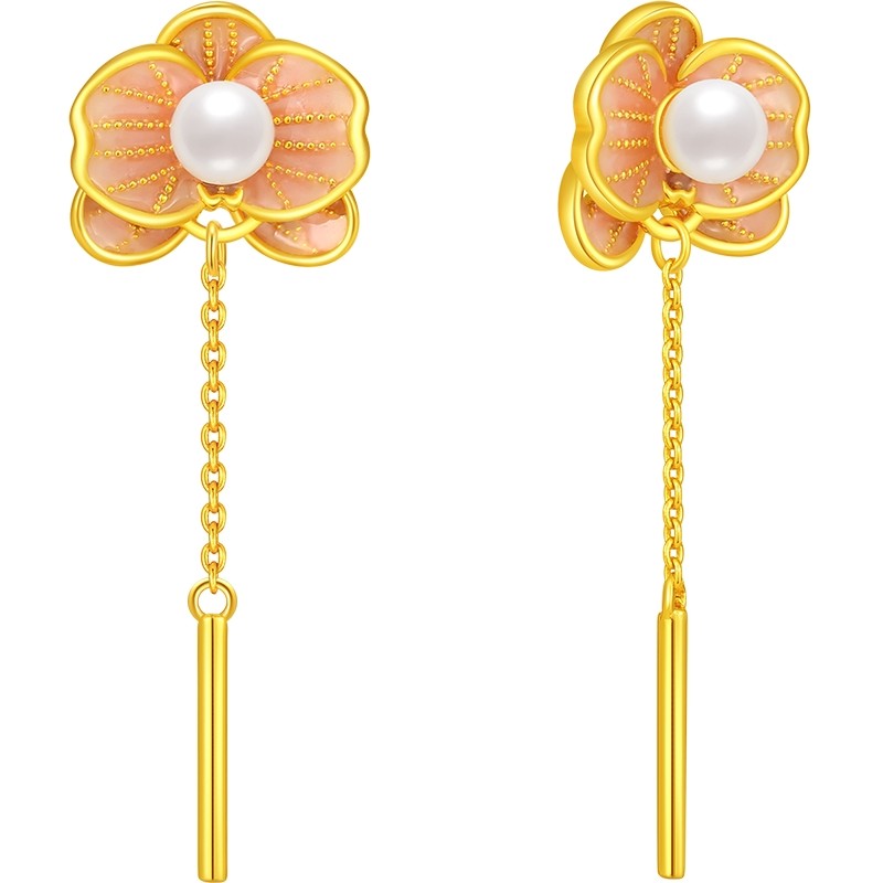 潮宏基花韵蝴蝶兰s925银珍珠耳饰银饰耳环花朵礼物女新中式送女友