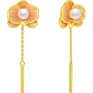 潮宏基花韵蝴蝶兰s925银珍珠耳饰银饰耳环花朵礼物女新中式送女友