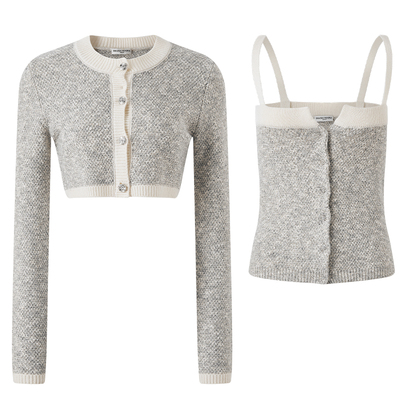 DIANAVEVINA2026春季新款撞色女短露腰开衫外套抹胸吊带针织套装