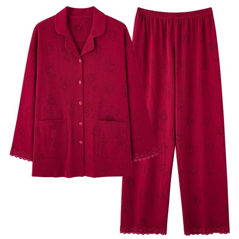 春秋冬纯棉女士长袖红色开衫睡衣