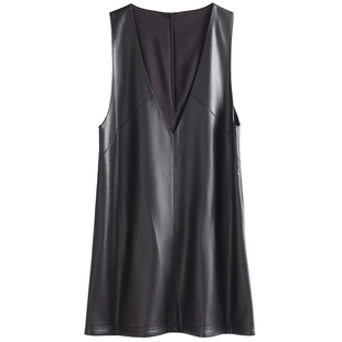 真皮马甲女中长款V领绵羊皮连衣裙宽松显瘦a字裙背心裙2025秋新款