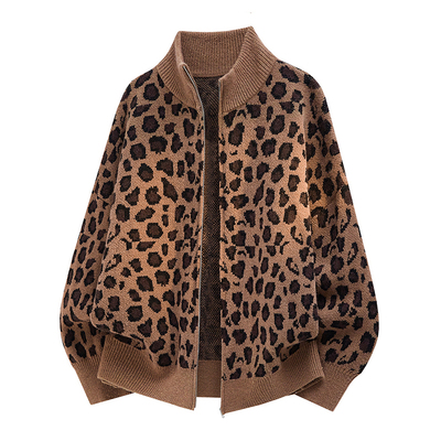 豹纹立领针织开衫毛线衣外套