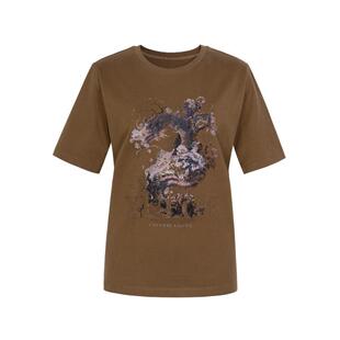 XG雪歌创意印花卡其色短袖T恤2025春季新款通勤简约纯棉上衣女装