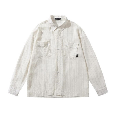 TLDX日系复古条纹口袋工装衬衫男女秋装美式潮牌宽松衬衣休闲外套