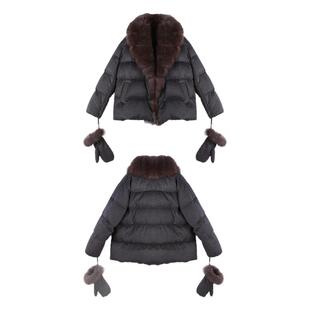 Deessesicile YS紫貂色狐狸毛大翻领羊毛呢鹅绒服中长款羽绒服