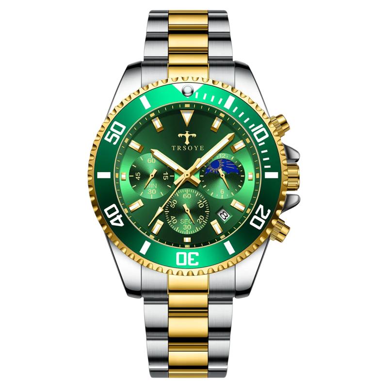 男士时尚潮流商务绿水鬼手表钢带夜光防水全自动石英腕表生日礼物