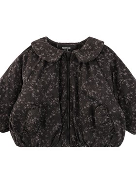 幼悠女童2025冬季新款娃娃领复古碎花棉服加绒加厚保暖儿童外套潮