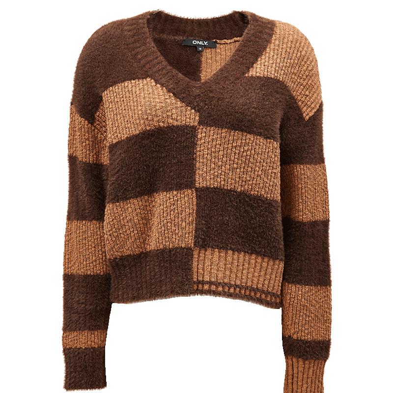 ONLY2025冬季新款潮流时尚撞色设计宽松显瘦V领落肩长袖针织衫女