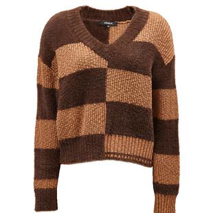 ONLY2025冬季新款潮流时尚撞色设计宽松显瘦V领落肩长袖针织衫女