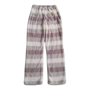 包邮日单松紧腰简约条纹柔软珊瑚绒家居裤休闲睡裤长裤女初春9221