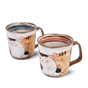 现货/日本进口 波佐见烧可爱福猫粗陶瓷马克杯 手绘釉下彩咖啡杯