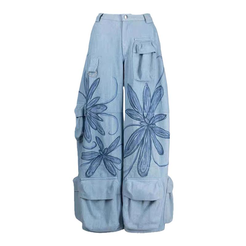 iu同款蓝色印花阔腿牛仔裤女设计感宽松小个子多口袋休闲工装裤子