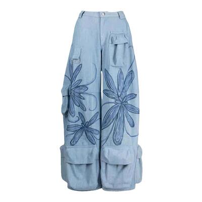 印花阔腿牛仔裤宽松多口袋工装裤