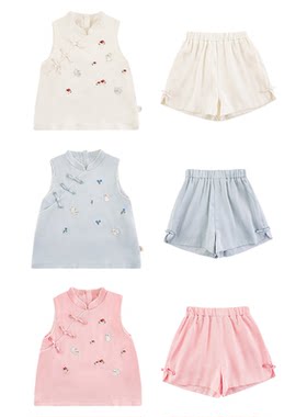幼悠女童古风套装2025夏季元气可爱中式立领马甲清凉透气宽松短裤