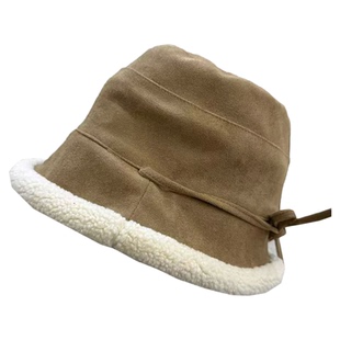 韩版新款麂皮绒渔夫帽女冬季户外加绒保暖毛绒帽护耳羊羔毛盆帽潮