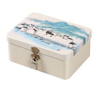 复古马口铁盒桌面带锁收纳盒长方形证件手机保管箱儿童硬币存钱罐